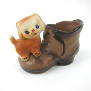 Vintage Enesco Puppy Dog On Boot Toothpick Holder Ceramic Figurine JAPAN 1950s